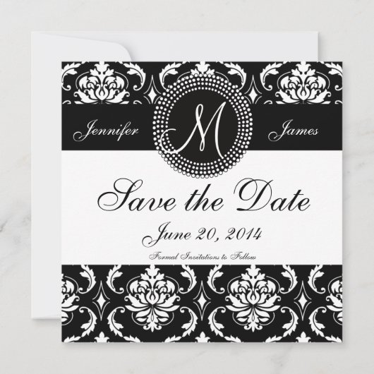 Bewaar de datum Zwarte Damast Monogram Aankondigin Save The Date (Achterkant)