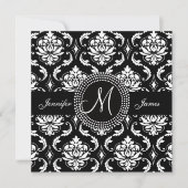 Bewaar de datum Zwarte Damast Monogram Aankondigin Save The Date (Voorkant)