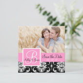 Bewaar de datum Zwarte Damast Monogram Namen Roze Save The Date (Staand voorkant)