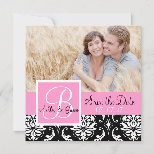 Bewaar de datum Zwarte Damast Monogram Namen Roze Save The Date (Voorkant)
