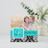 Bewaar de datum Zwarte Damast Monogram Namen Turko Save The Date (Staand voorkant)