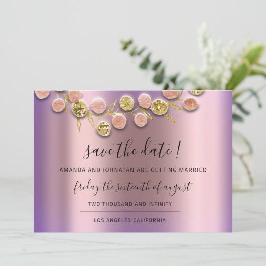 Bewaar de datum Zwarte krans Roze goud Paars Save The Date (Staand voorkant)