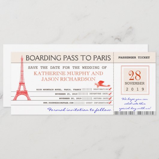 Bewaar de instapkaart voor Parijs Frankrijk Save The Date (Voorkant / Achterkant)