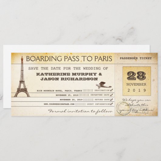 Bewaar de instapkaart voor Parijs Frankrijk Save The Date (Voorkant / Achterkant)