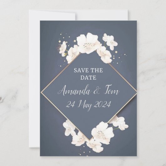 BEWAAR DE TROUWDAATUM - blauw met witte bloesem Save The Date (Voorkant)