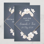 BEWAAR DE TROUWDAATUM - blauw met witte bloesem Save The Date (Voorkant / Achterkant)