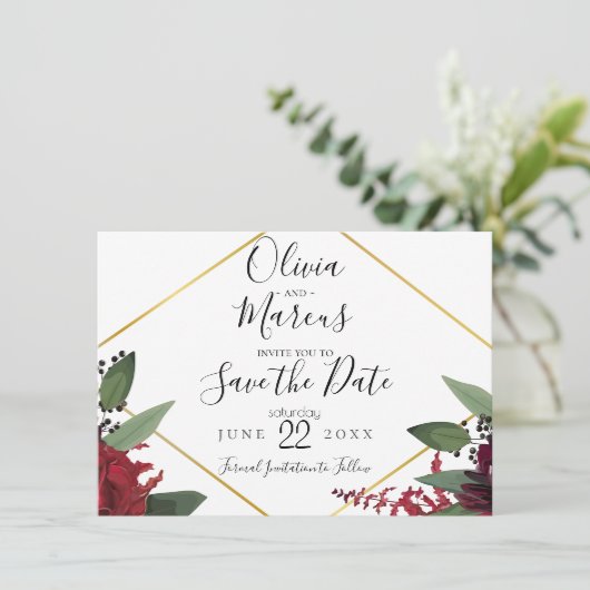 BEWAAR DEZE DATUM | Elegante Burgundy Marsala Blo Kaart (Staand voorkant)