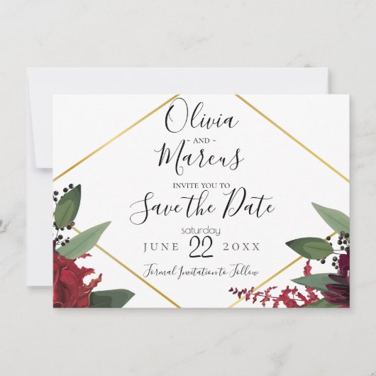 BEWAAR DEZE DATUM  | Elegante Burgundy Marsala Blo Kaart (Voorkant)