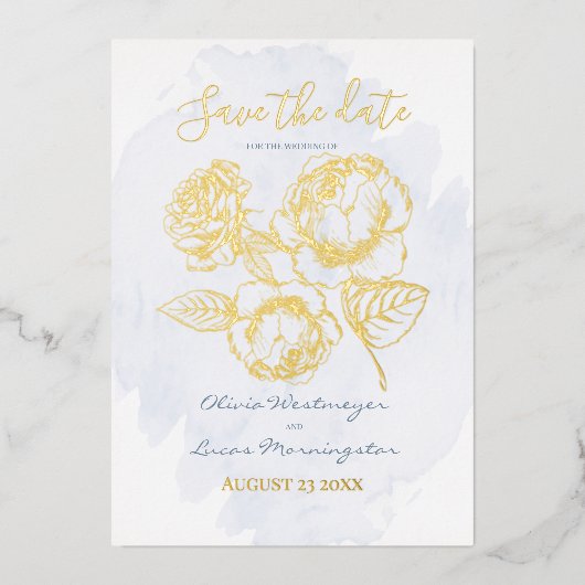 BEWAAR DEZE DATUM  | Goud Vergulde Roos op Stof Bl Folie Uitnodiging (Voorkant)