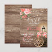 Bewaar deze datum Houten Wijnvat, Lichtslingers -  Save The Date (Voorkant / Achterkant)