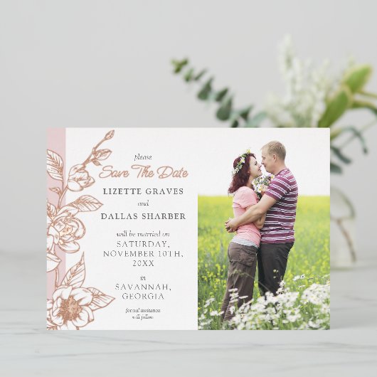 Bewaar deze datum Magnolia Blush Trouwdag 4-Photo Folie Uitnodiging (Staand Voorkant)