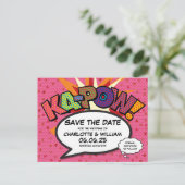 Bewaar deze datum moderne harten confetti stripver aankondigingskaart (Staand voorkant)