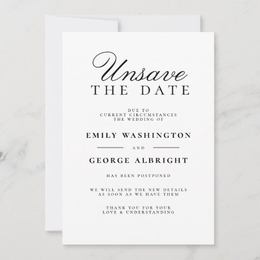 Bewaar deze datum niet Elegante Uitgestelde Huweli Kaart (Voorkant)