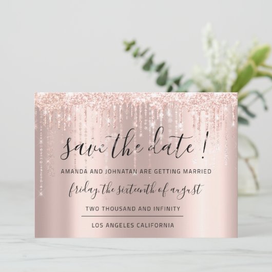 Bewaar deze datum Roze Goud Glitterende druppels l Save The Date (Staand voorkant)