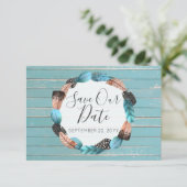 Bewaar deze datum Rustieke Turquoise Veren Boho Pi Kaart (Staand voorkant)