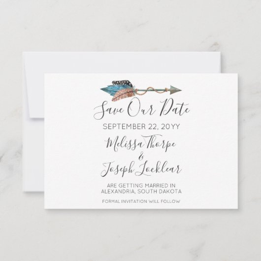 Bewaar deze datum Rustische turkoois veer pijl fot Kaart (Achterkant)