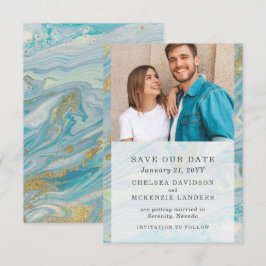 Bewaar deze datum Turquoise & Goud Marmeren Trouwk Kaart