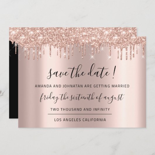 Bewaar deze datum Zwarte Roos Glitters Glans Drupp Save The Date (Voorkant / Achterkant)