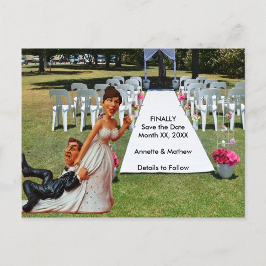 Bewaar eindelijk de datum bruin haar grappig paar aankondigingskaart (Voorkant)