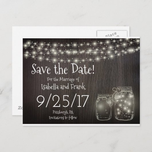 Bewaar het Date-Rustic Mason Firefly Light Briefka Aankondigingskaart (Voorkant / Achterkant)