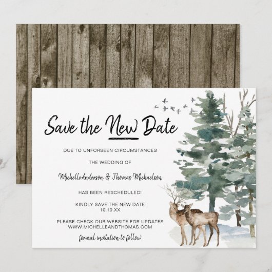 Bewaar het nieuwe datum boslandschap dennenbos save the date (Voorkant / Achterkant)