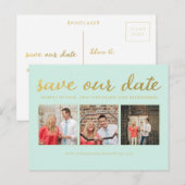 Bewaar onze Date Mint Gold Typography Foto Briefka Aankondigingskaart (Voorkant / Achterkant)