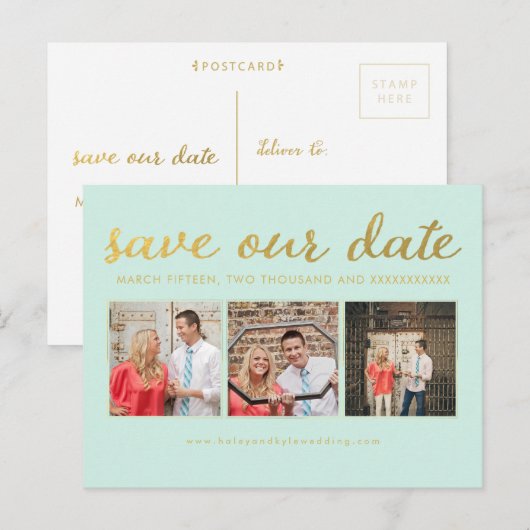 Bewaar onze Date Mint Gold Typography Foto Briefka Aankondigingskaart (Voorkant / Achterkant)