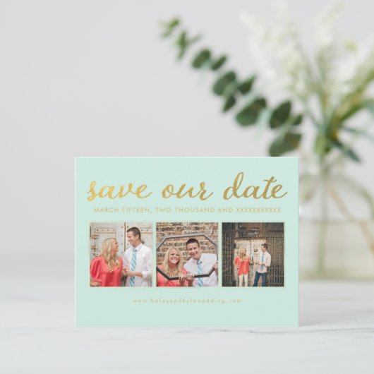 Bewaar onze Date Mint Gold Typography Foto Briefka Aankondigingskaart (Staand voorkant)