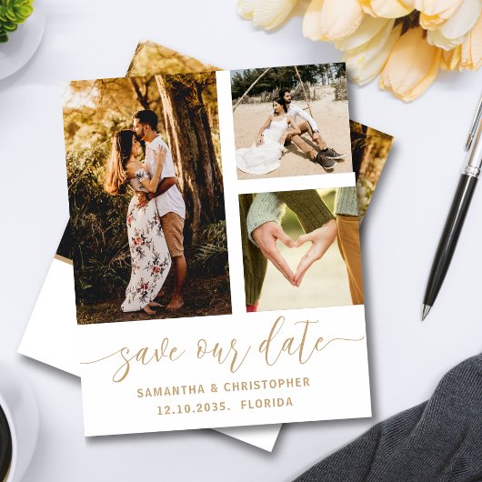 Bewaar onze datum budget foto gouden script uitnod