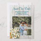 Bewaar onze datum houten Calla-lelies Fotoaankondi Kaart (Voorkant)