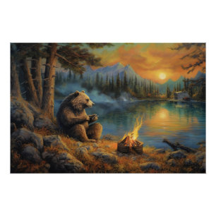 Bewaarder van de Herfstvlam Grizzly Bear Kampvuu Perfect Poster