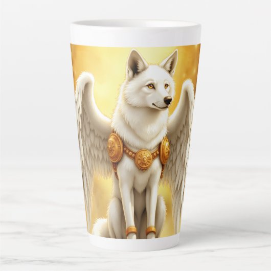 Bewaker van de Dageraad – De Witgevleugelde Wolf. Latte Mok (Voorkant)