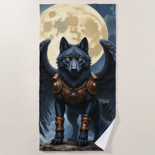 Bewaker van de Maan – De Zwarte Gevleugelde Wolf Strandlaken (Voorkant)