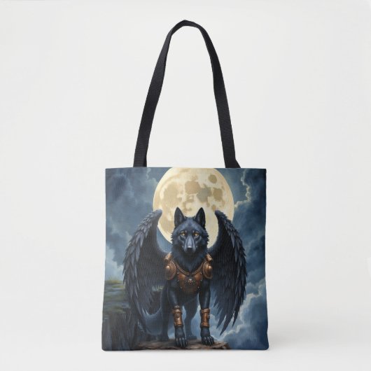 Bewaker van de Maan – De Zwarte Gevleugelde Wolf Tote Bag (Voorkant)