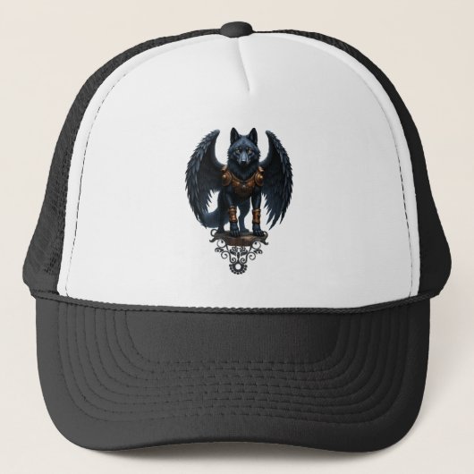 Bewaker van de Maan – De Zwarte Gevleugelde Wolf Trucker Pet (Voorkant)