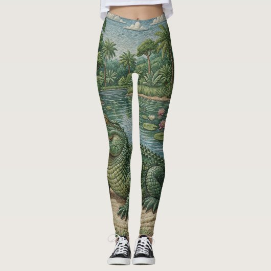 Bewaker van de wetlands: Geborduurde krokodil Leggings (Voorkant)