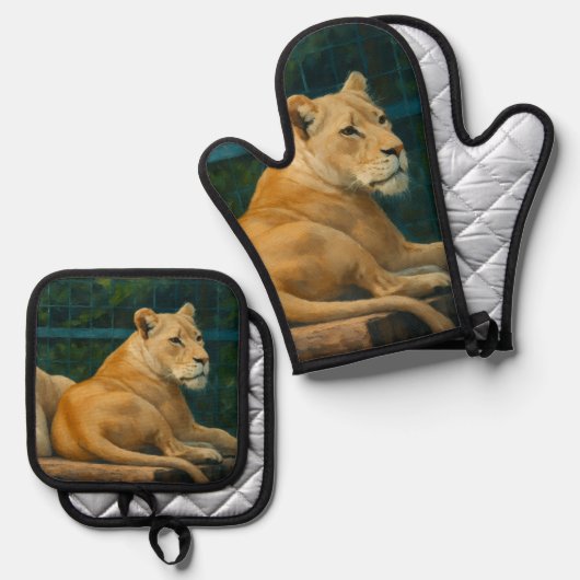 Bewakte rust - Leeuwenpaar in Sanctuary-omgeving Ovenwant & Pannenlap Set (Voorkant / Achterkant)