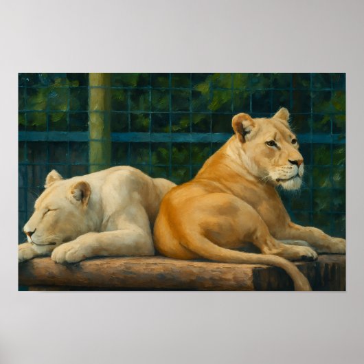 Bewakte rust - Leeuwenpaar in Sanctuary-omgeving Poster (Voorkant)