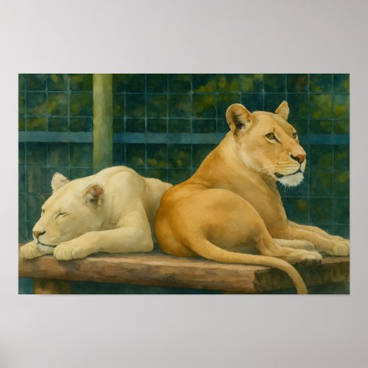 Bewakte rust - Leeuwenpaar in Sanctuary-omgeving Poster (Voorkant)
