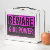 BEWARE Girl Power - Roze Black Metal Danger Sign (In situ)