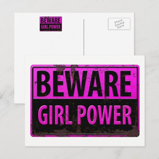 BEWARE Girl Power - Roze Black Metal Danger Sign Briefkaart (Voorkant / Achterkant)