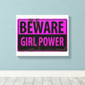 BEWARE Girl Power - Roze Black Metal Danger Sign Canvas Afdruk (Insitu (Houten vloer))