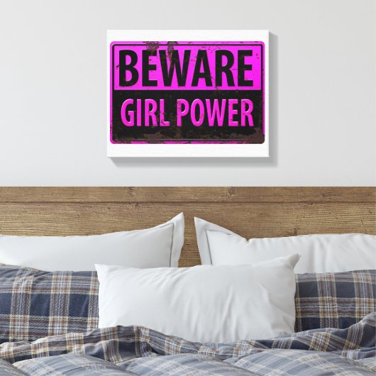 BEWARE Girl Power - Roze Black Metal Danger Sign Canvas Afdruk (Insitu (Slaapkamer))
