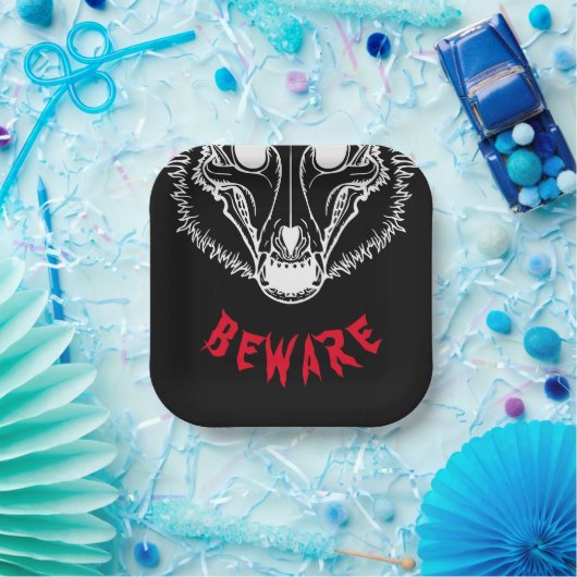 BEWARE Spooky Skulldog Papieren Bordje (Feest)