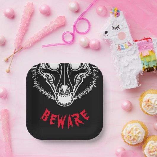 BEWARE Spooky Skulldog Papieren Bordje (Feest)