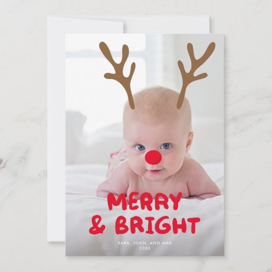 BEWEEGBAAR/BEWERKBAAR gewei Rode neus Foto Kerstmi Feestdagenkaart (Voorkant)