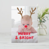 BEWEEGBAAR/BEWERKBAAR gewei Rode neus Foto Kerstmi Feestdagenkaart (Staand voorkant)