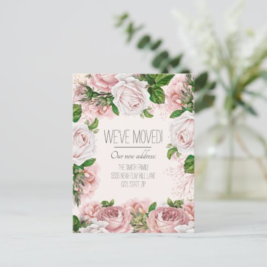 Bewegende Aankondiging  Blush Pink Roses Briefkaart (Staand voorkant)