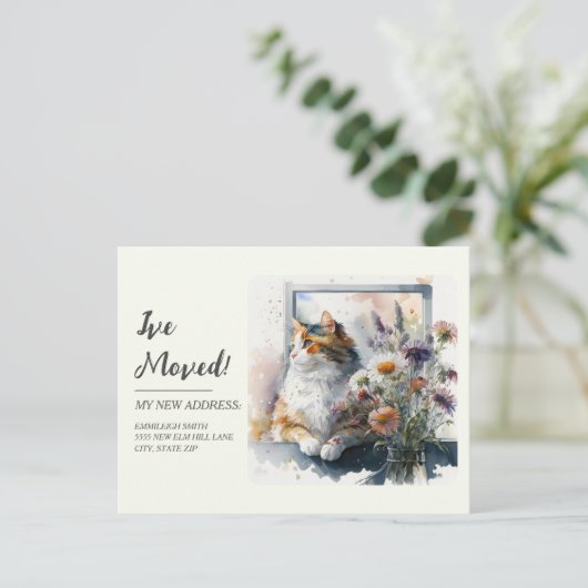 Bewegende aankondiging Calico Cat Daisies Lavender Briefkaart (Staand voorkant)