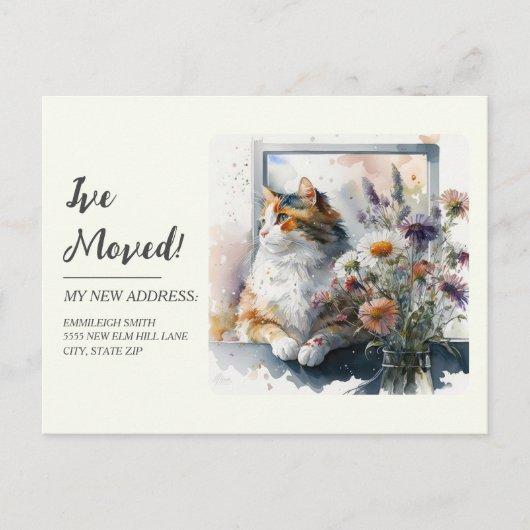 Bewegende aankondiging Calico Cat Daisies Lavender Briefkaart (Voorkant)